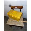 Image 2 : Vintage, walnut sewing chair, and plastic sewing tote, with contents