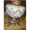 Image 2 : Beautiful, large, gold detailed, lamp, with shade. Base of lamp has a small crack