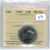 Image 1 : 1991 Canadian 25 cents ICCS graded MS-64