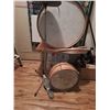 Image 1 : Vintage Two Drum set with Hi-Hats and Crash Cymbals and drumsticks, the front of the Bass Drum requi