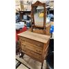 Image 2 : Vintage wooden dresser and mirror, w/ wheels on feet - 32"W x 17"D x 34.5"H (w/ mirror 66"H)