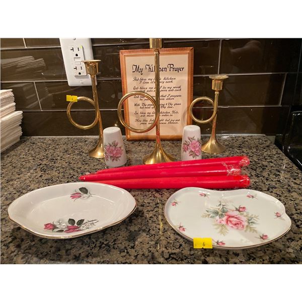 Set Of matching Brass Candle Holders With Mini Trays And Other Kitchen Decor