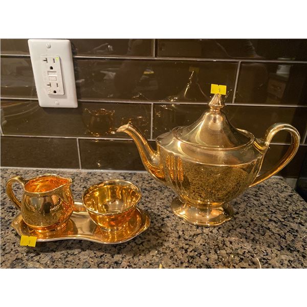 Gold Finished Ceramic Tea Pot And Matching Sugar and Cream Jars
