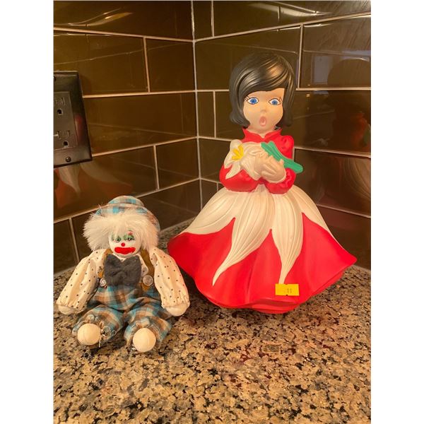 Girl In a Red Dress Statue 11T And Porcelain Face Clown Doll