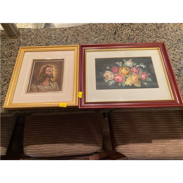 Set Of Framed Embroidery Jesus 9.5 x 10.5 And Floral Arrangment 13.5 x 12