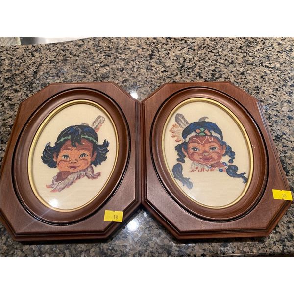 Set Of Native Sisters Framed Embroidery  7.5 x 9.5