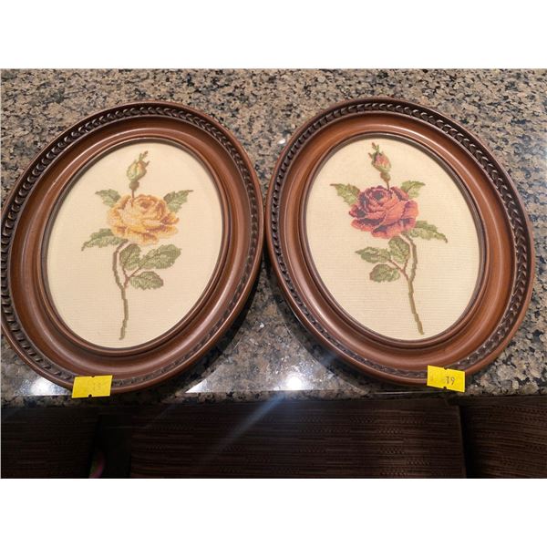 Set Of Stemmed Rose Framed Embroidery 7.5 x 9