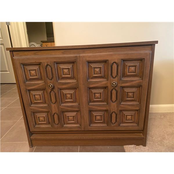 Vintage Dark Wood Side Table With Pull Out Door 32L x 16W x 26T