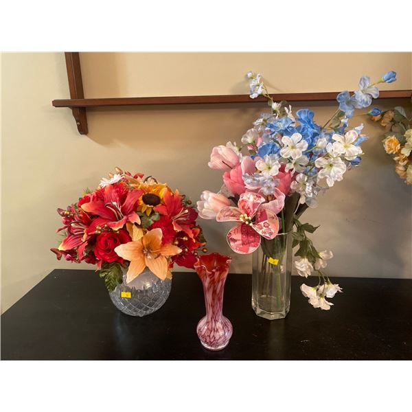 Set Of Glass Vases With Decorative Fake Flowers
