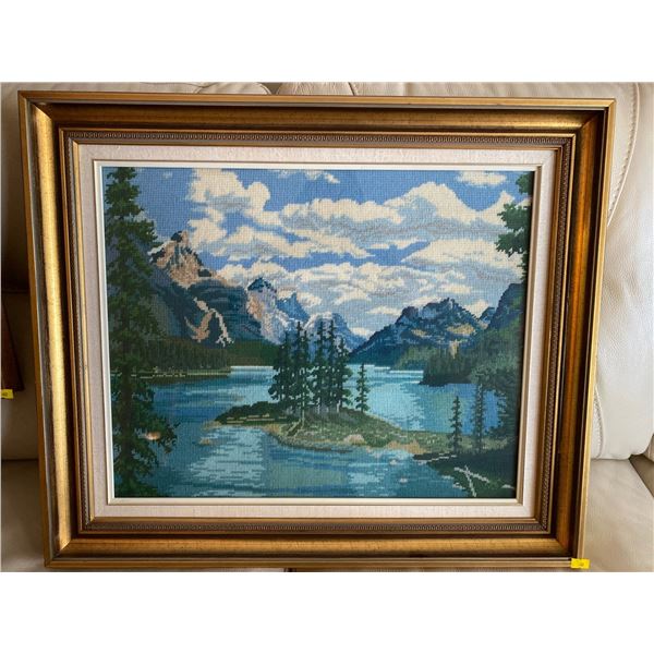 Framed Mountain Lake Needle Point Art 26 x 22