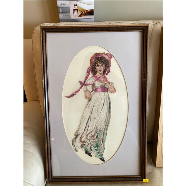 Framed Embroidered Pink Lady 15 x 23