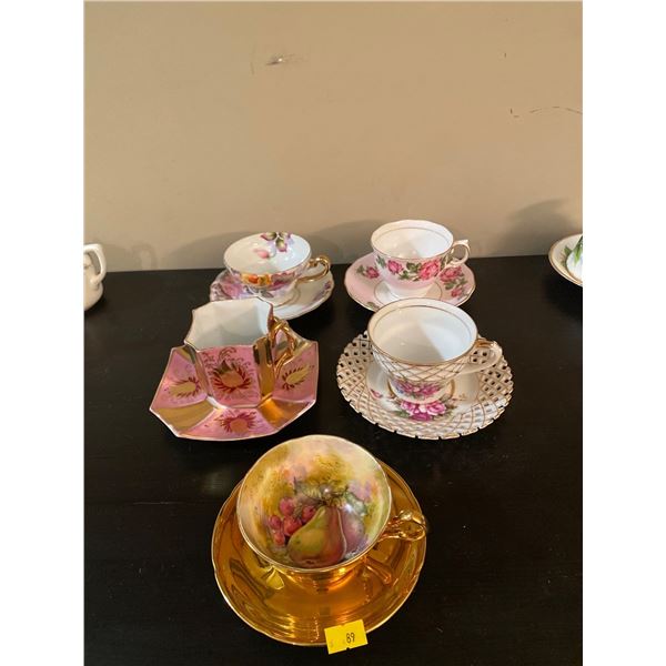 Set Of Five Fine China Tea Cups And Saucers