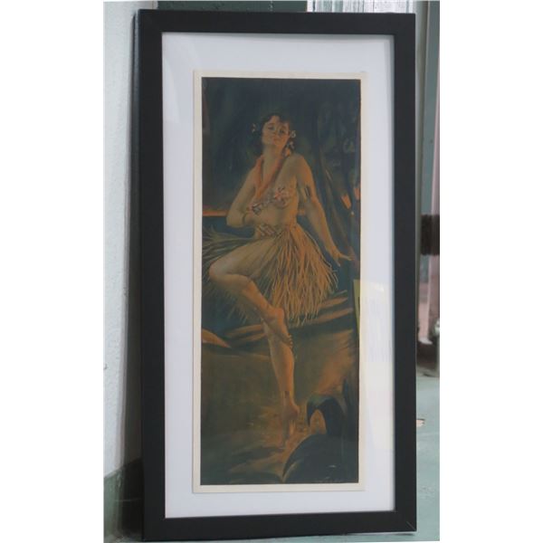 Dancing Hula Girl 1920's Lithograph by Gene Pressler, Framed, 16"x30"