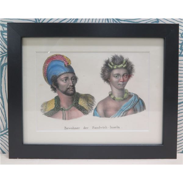 Residents of Sandwich Islands 1824 Engraving, Hand Colored, Framed, 15 x12 