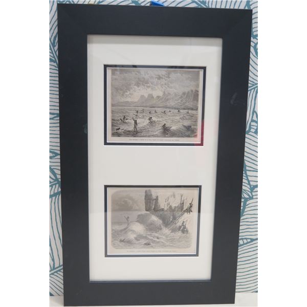 Hawaiians Playing 2 Image 1872 Engravings, Framed, 13.5"x22"