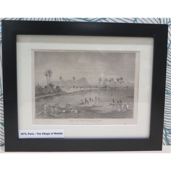 Village of Waikiki 1873 Engraving, Framed, 15 x12 