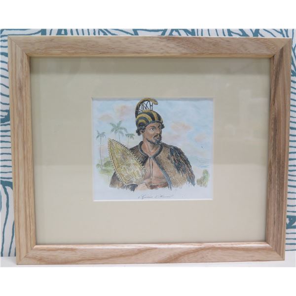 Sandwich Island Man w/ Shark Tooth Weapon 1841 Engraving, Hand Colored,  Framed, 11"x9.5"