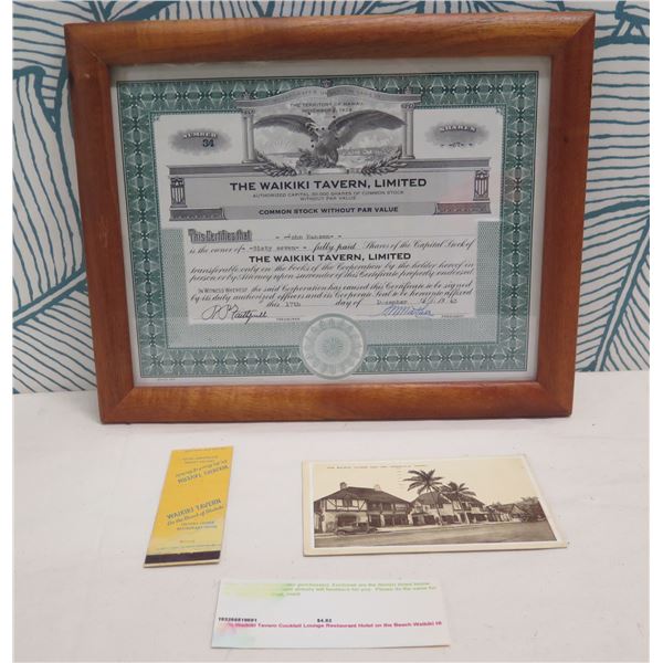 Waikiki Tavern 1924 Stock Certificate, 67 Shares Issued (no cash value), Framed, 12.5 x10 