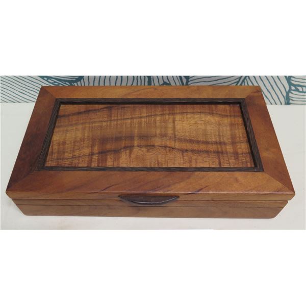 Koa Wood Jewelry Box w/ Winga Wood Accent, 13.5"x7.75"x2.75"H