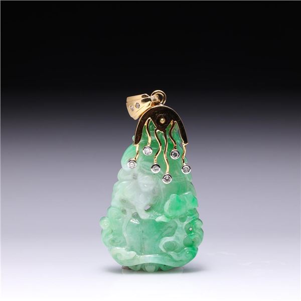 Chinese Carved Jadeite Pendant with 18K Yellow Gold & Diamond Mount