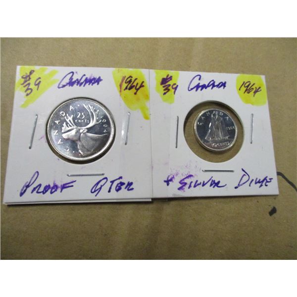 1964 PROOF CANADA SILVER QUARTER & DIME