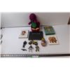 Image 1 : (4) Books, Barney Plush toy, Vintage Noise Maker, Childrens Army Action Figures & Accessories