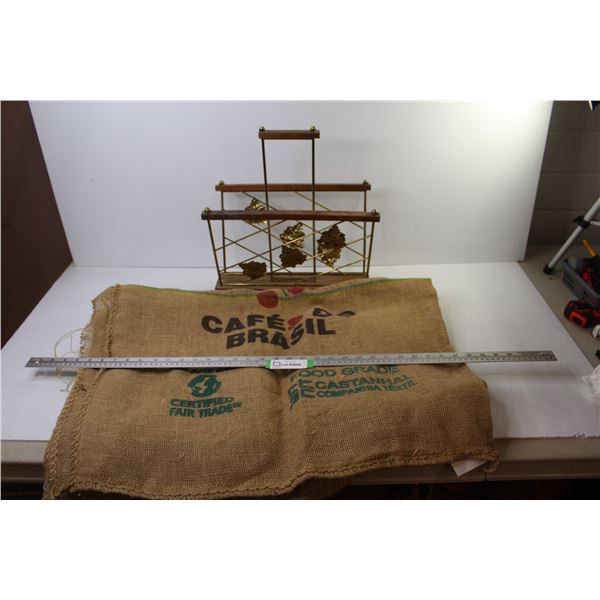 Magazine Rack, (2) Burlap Sacks (Coffee)