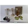 Image 1 : Candelabra, Vase, (2) Glass Candy Dishes, Chalkware Hanging Fruit, Picture Frame, Wooden Hands Ornam