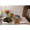 Image 1 : (22) Glass Plates, (3) Insect Netted Headwear, (5) Coffee Travel Mugs, Large Rectangular Vase with F