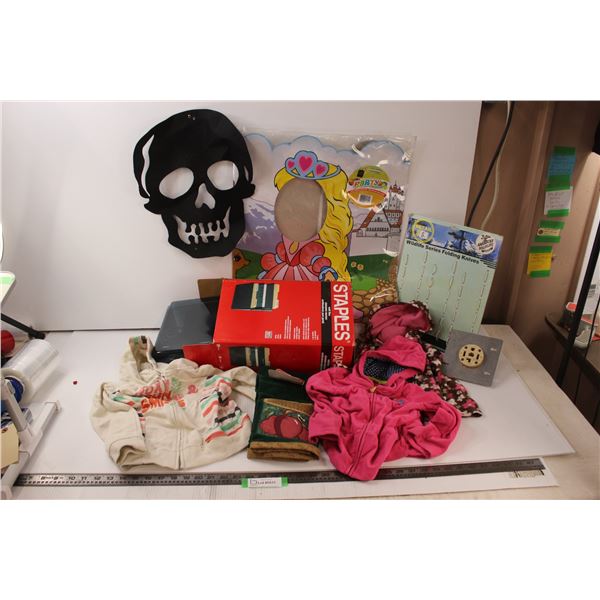 (2)Staples Wall Files, (3) Toddler Hooded Sweatshirts, (1) Kitchen Towel, Party Favors (Skull & Prin