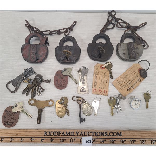 LOT OF 14 - LOCKS & KEYS - INCL CNR / CPR SWITCH LOCKS, POST OFFICE & HOTEL KEYS 