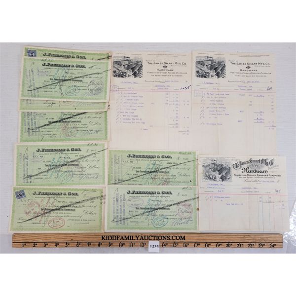 LOT OF 12 - J. FREEDMAN & SON CANCELLED CHEQUES - JAMES SMART MFG INVOICES