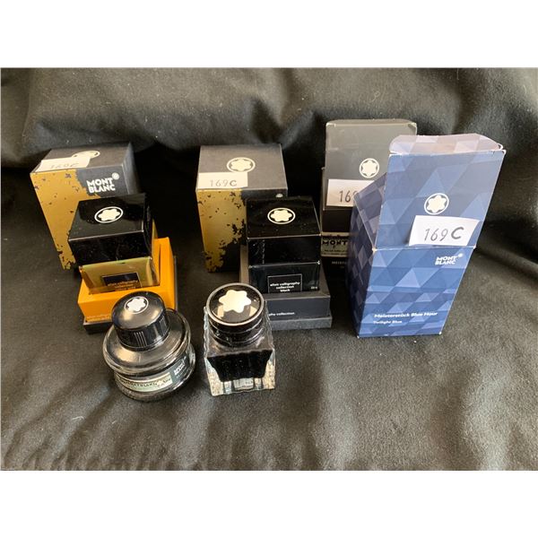 4 BOTTLES OF MONT BLANC INK, BLACK, BLUE, GRAY, & YELLOW GOLD