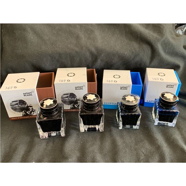 4 BOTTLES OF MONT BLANC INK, BLACK, EGYPTIAN BLUE, & LAPIS LAZULI BLUE