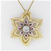 Image 2 : Vintage 14k Two Tone Gold Diamond Ruby Florentine Finish Flower Pendant Necklace