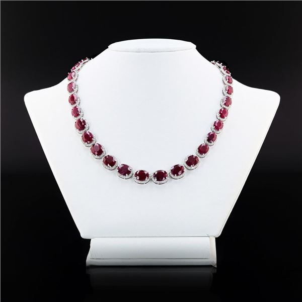 65.37 ctw Burmese Ruby and 9.32 ctw Diamond 14K White Gold Necklace (GIA CERTIFI