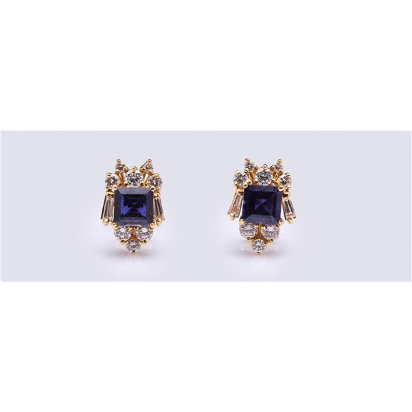 Pair of 18K Yellow Gold Iolite & Diamond Earrings