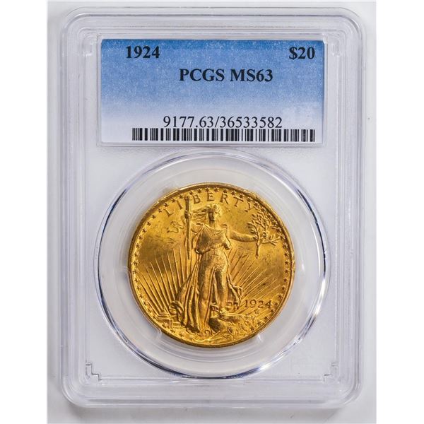 1924 $20 Double Eagle Gold Coin PCGS MS63