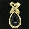 Image 2 : 14k Solid Yellow Gold Pear Shaped Cabochon Bezel Black Onyx Teardrop "X" Pendant