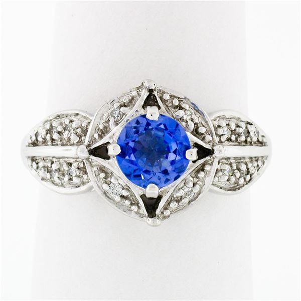 18k White Gold Brilliant Tanzanite Solitaire w/ Diamond Halo Star Flower Ring