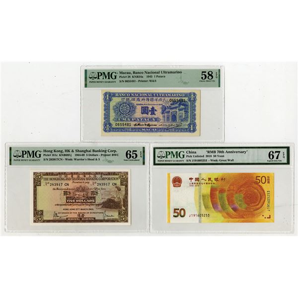 Macau, Hong Kong and China Trio of Issued Banknotes, ca.1945 to 2018