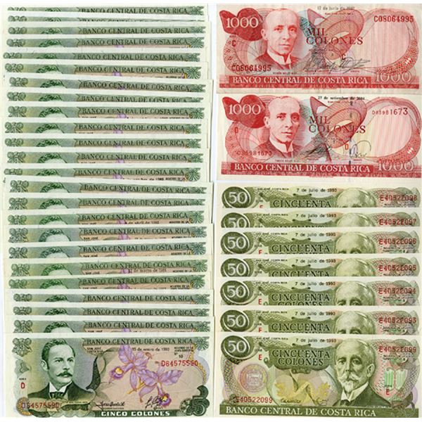 Costa Rica Banknotes Set Banco Central de Costa Rica, 1974-2004, Assortment of Issued Banknotes ...