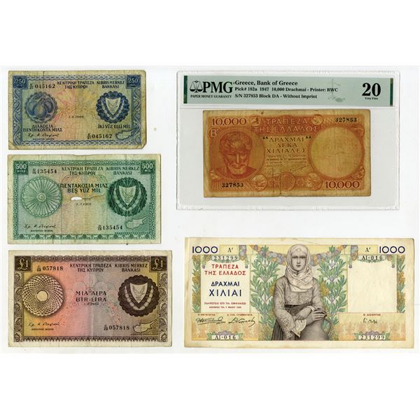 Cyprus & Greece, Assortment of Issued Banknotes, 1935 to 1969