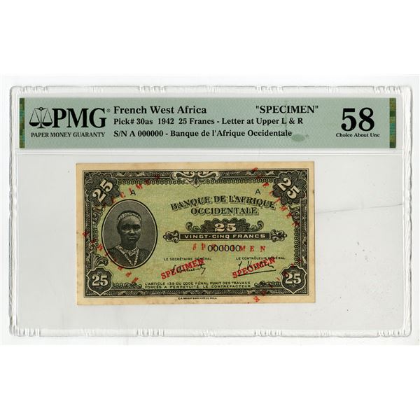 Banque de l'Afrique Occidentale, 1942, "Top Pop" Specimen Banknote