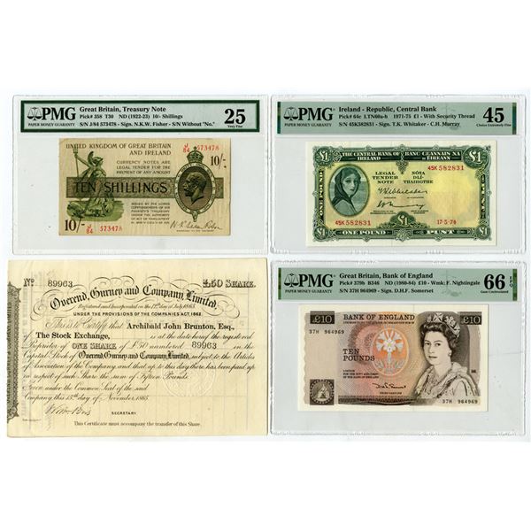 Great Britian and Ireland Trio of Issued Banknotes, (1980-84), and a Single 1865 I/U Stock Certifica