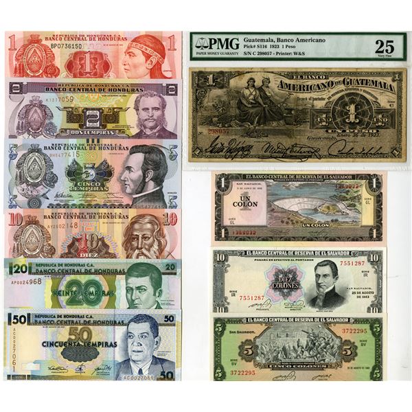 Honduras, El Salvador, and Guatemala Assortment of Issued Banknotes, 1923 to 2012