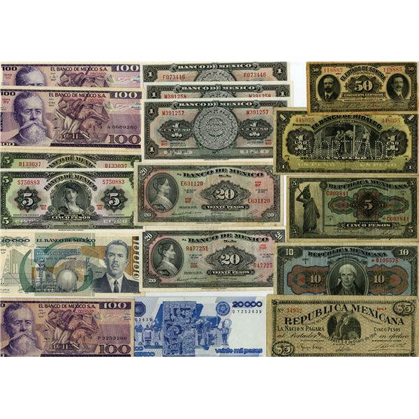 Mexico Banknote Assortment from Various Issuers, ca.1914 to 1987