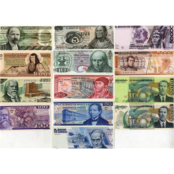 Banco de Mexico, 1970 to 1990, High Grade Assortment of Issued Banknotes