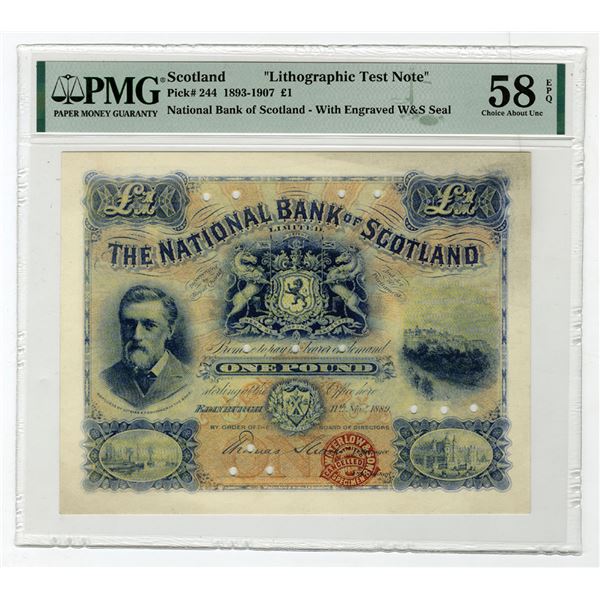 National Bank of Scotland, 1889, Unlisted Earlier Date Lithographic Specimen Test Note By Waterlow &