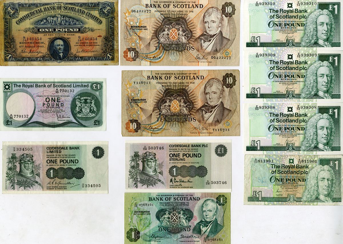 Scottish Notes Collection Scottish Assortment of Issued Banknotes from Multiple Issuers, 1940 to 1989